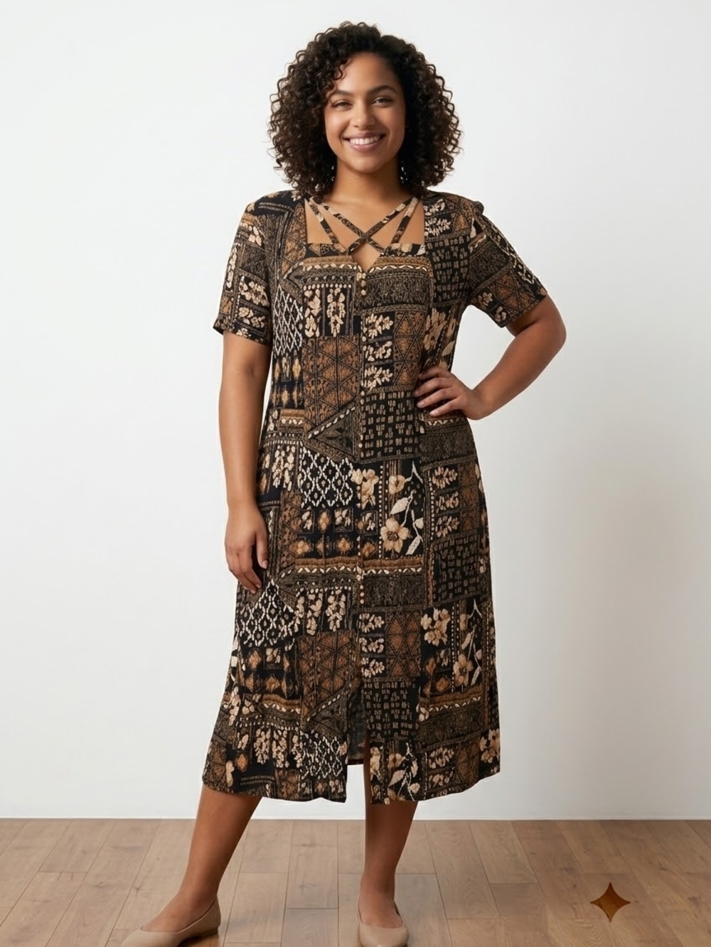 NWT Vintage Alix Taylor Black and Tan Patchwork Crisscross Dress Sz 20W